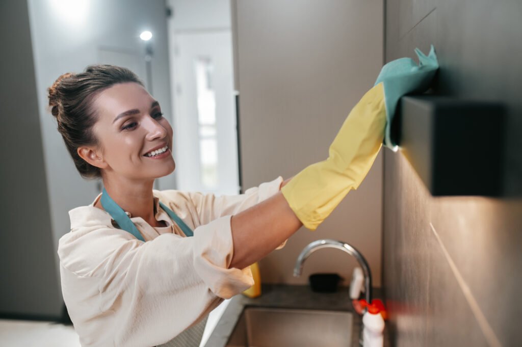 young dark haired woman cleaning the surfaces in the kitchen